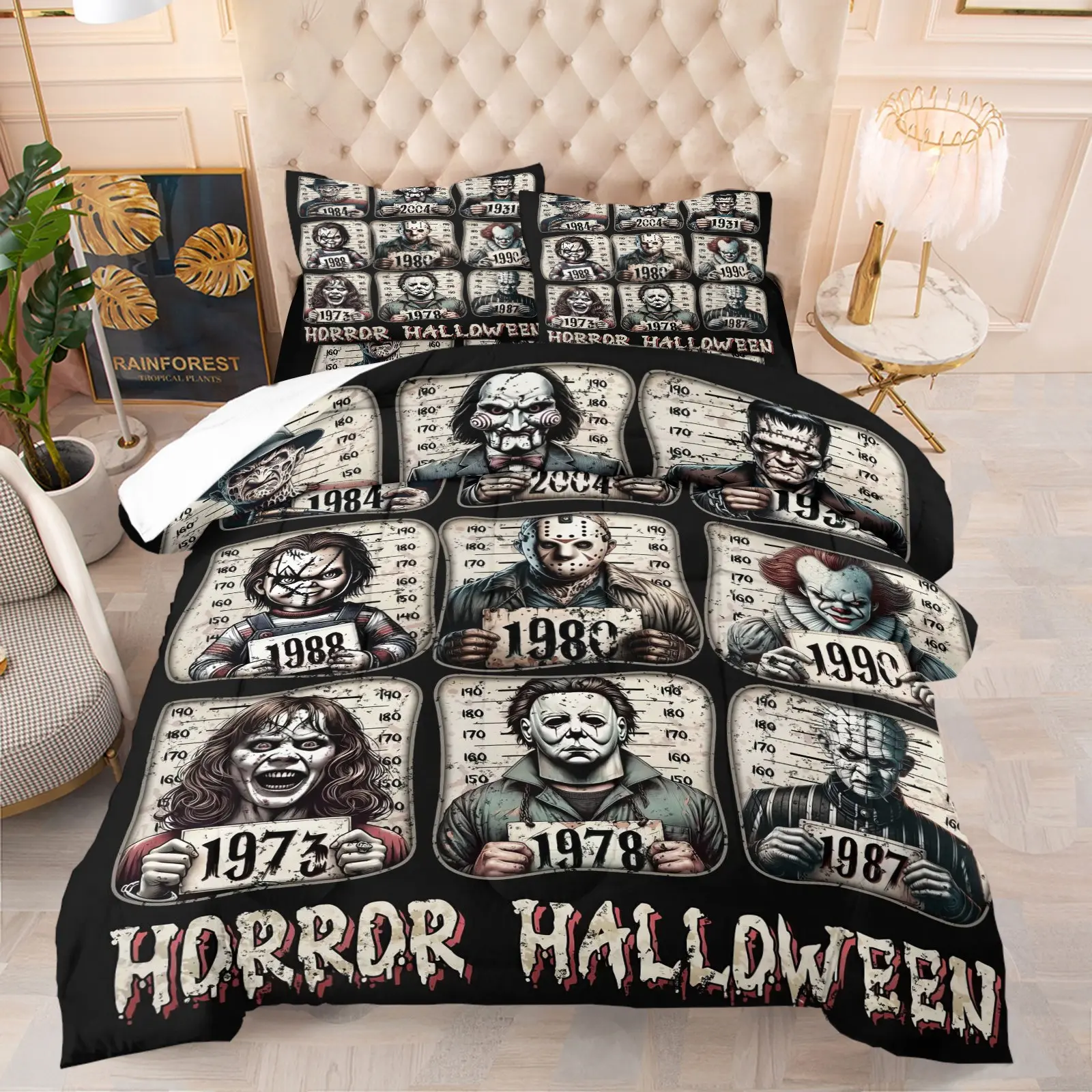 Classic Horror Villain Wanted Poster Style Comforter Set, 1 Quilt and 1-2 Pillowcases, Retro Prison Photo Style, Cozy Warm All Seasons, Halloween Theme or Horror Movie Fan Bedroom Unique Boys' Dorm Decor