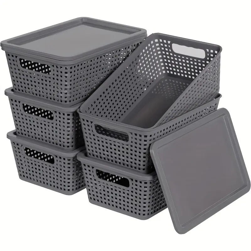 6 Pack 35x25x22cm Plastic Storage Baskets with Lids, Stackable Decorative Organizer Containers, Suitable for Shelves, Desktops, Closets, Ideal for Holiday Gift Storage
