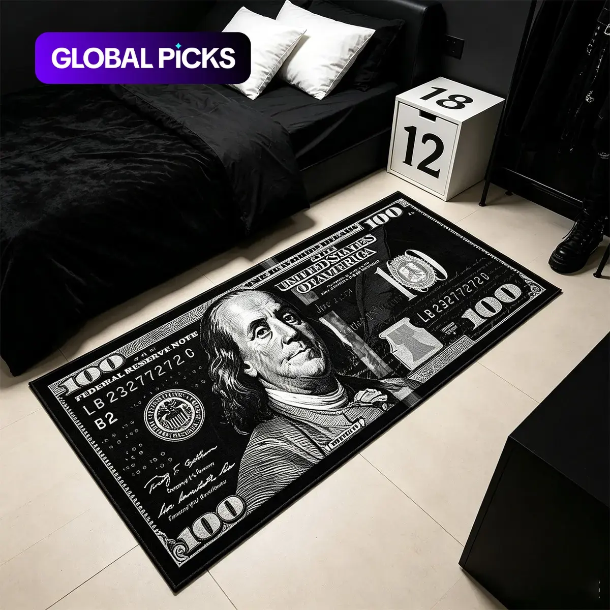 1 piece Black and white dollar dollar long rug, American hip-hop high street bedroom bedside rug, soft velvet rug, birthday gift, gothic style home decor rug, Home Decorative Rug, suitable for living room, bedroom, bedside
