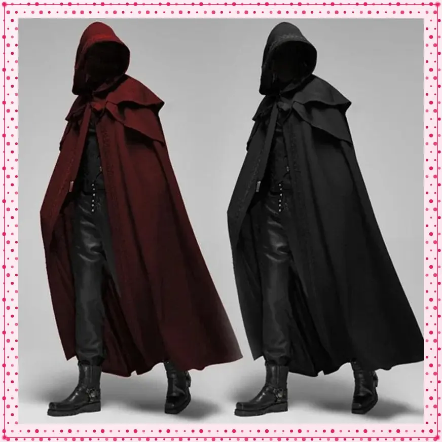 Medieval Vintage Hooded Loose Black Cloak Coats Windproof Trench Chic Winter Long Cape Poncho Mens Monk Cosplay