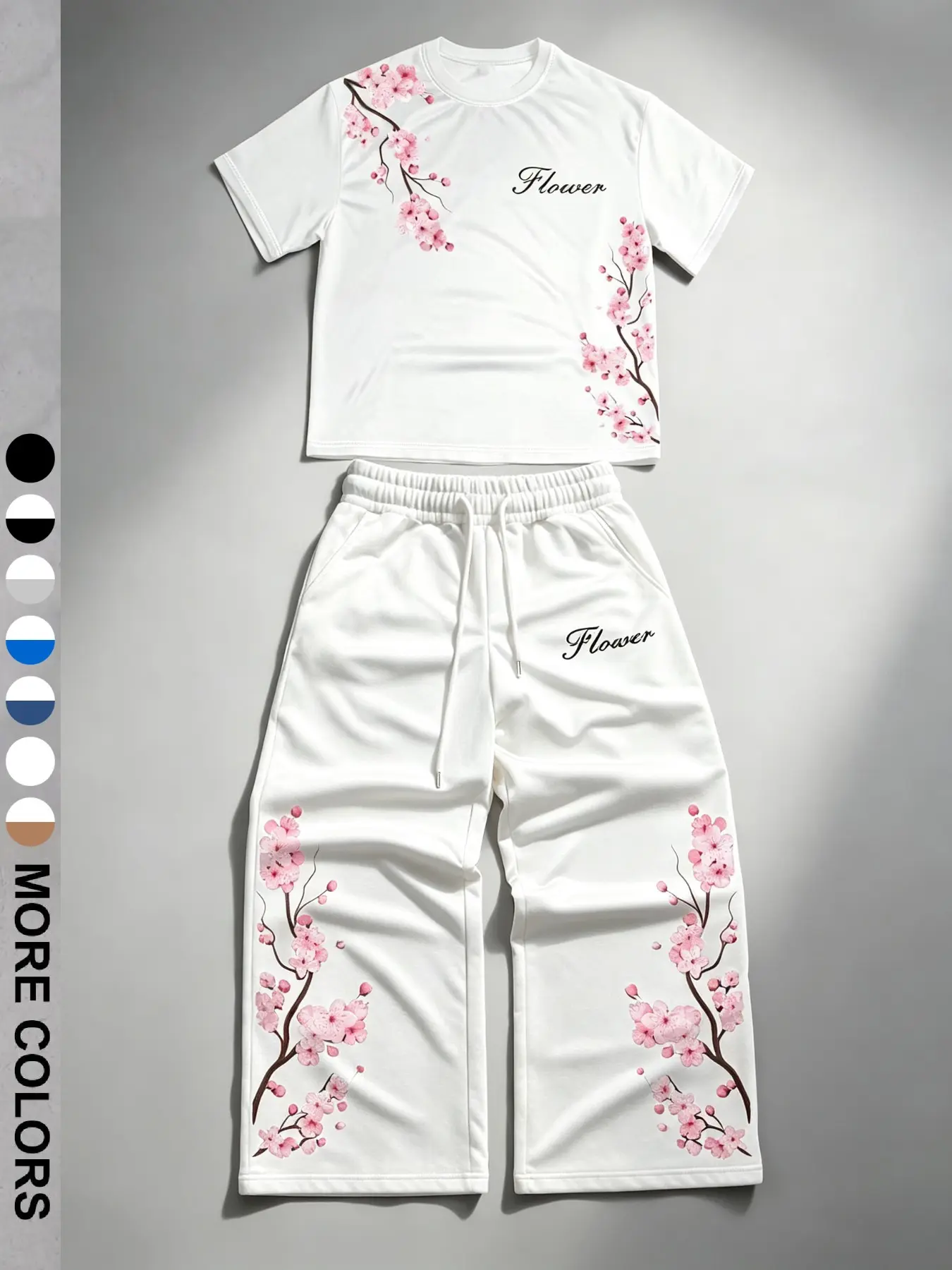 Unisex Y2K Sakura Cherry Blossom Print T-Shirt & Wide Leg Pants 2 Piece Set | Japanese Floral Summer Streetwear | Anime Streetwear Outfit for Men & Women Summer Matching Set