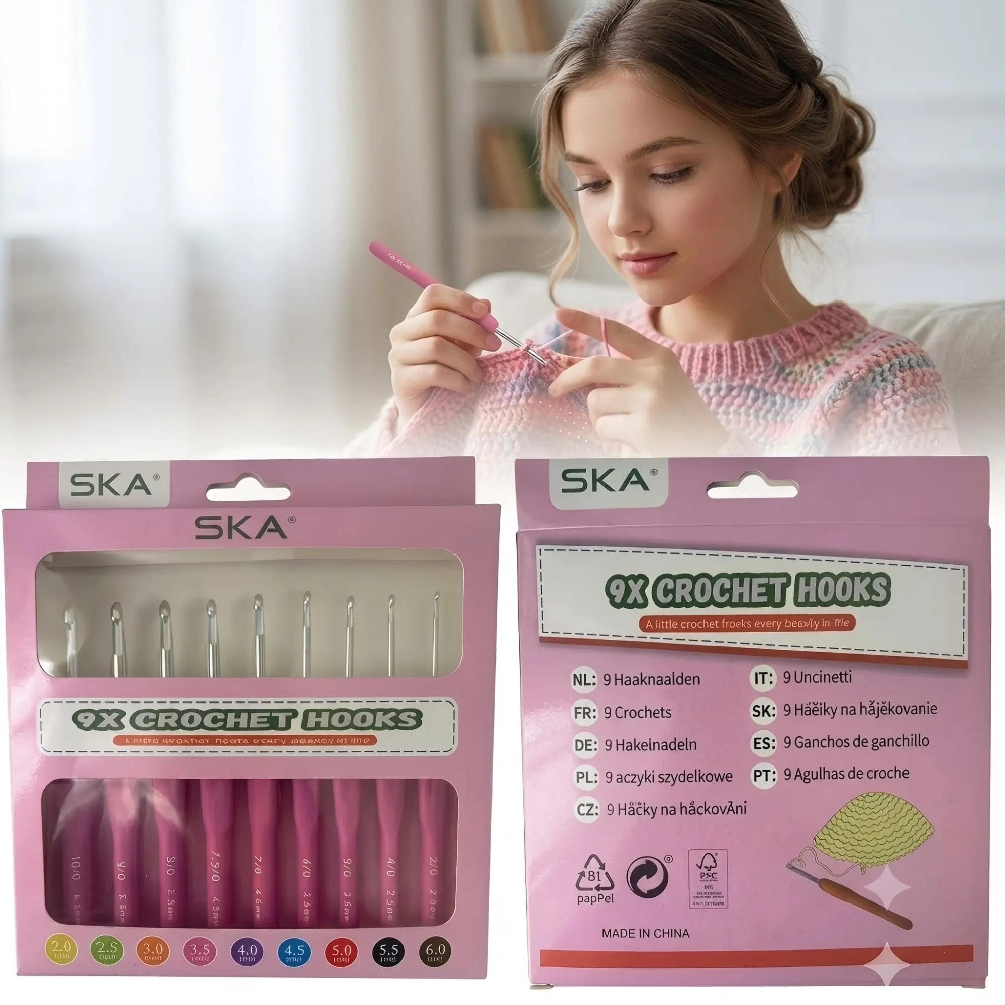 Ska 9-Piece Crochet Hook Set, Ergonomic Soft Grip Aluminum Needles, 2.0mm-6.0mm Sizes, Gift Packaging, Crafting Tools for All Levels