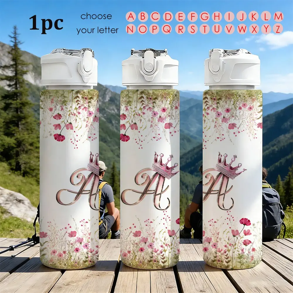 25oz Custom Monogram Initial Sports Water Bottle, Flip‑Top Leakproof Reusable Plastic Drink Cup, Wildflower Floral Princess Crown Custom Letter A‑Z Print, Portable Water Jug for Gym Hiking Camping Travel, Unique Personalized Birthday Holiday Gift for Wome