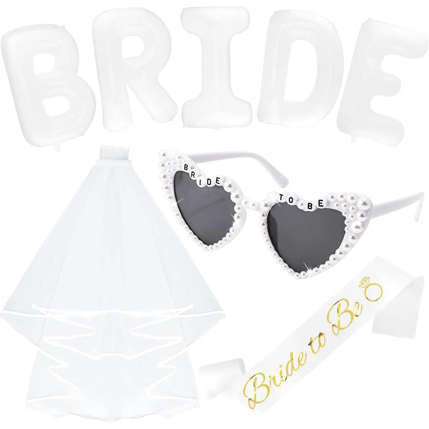 40-Inch BRIDE Balloon & Bridal 4- Set: Bride to Be  Sunglasses, Sash & Veil - Bachelorette Party Decor for Bridal Shower & Wedding Celebrations