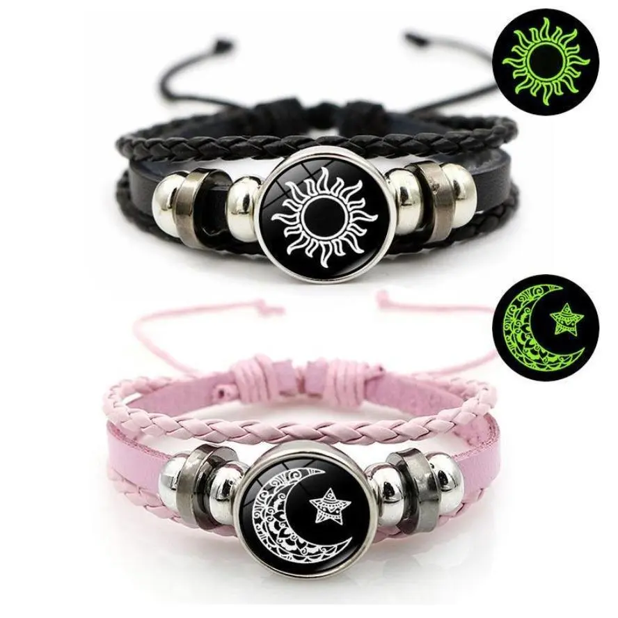 2pcs Sun & Moon Matching Punk Beaded Woven Layered Bracelets, Handcrafted Bohemian Leather Daily Wear Couple Bracelets, Adult Couple Gifts (Sports & Outdoor Protective Gear Accessory), Sun And Moon Bracelet, Leather Bracelet