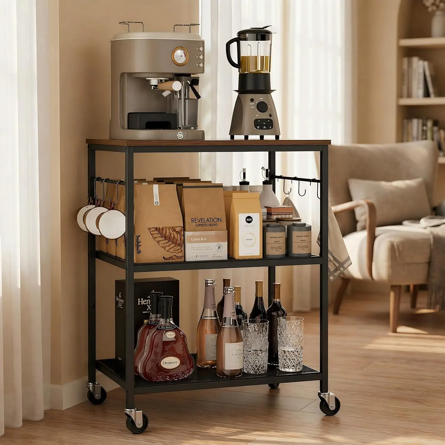3-Tier Rolling Kitchen Microwave Cart, Kitchen Utility Cart on Lockable Wheels, Coffee Bar Table Station with 6 S-Shaped Hooks, Small Appliance Storage Shelf, Rustic Brown and Black