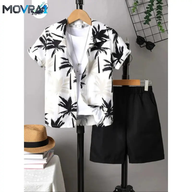 MOVRA1 Two-Piece Set Boy's Plants Print Short Sleeve Shirt & Elastic Waist Shorts, Casual Clothes Kids Clothing Set Kids Outdoor Holiday Vacation
