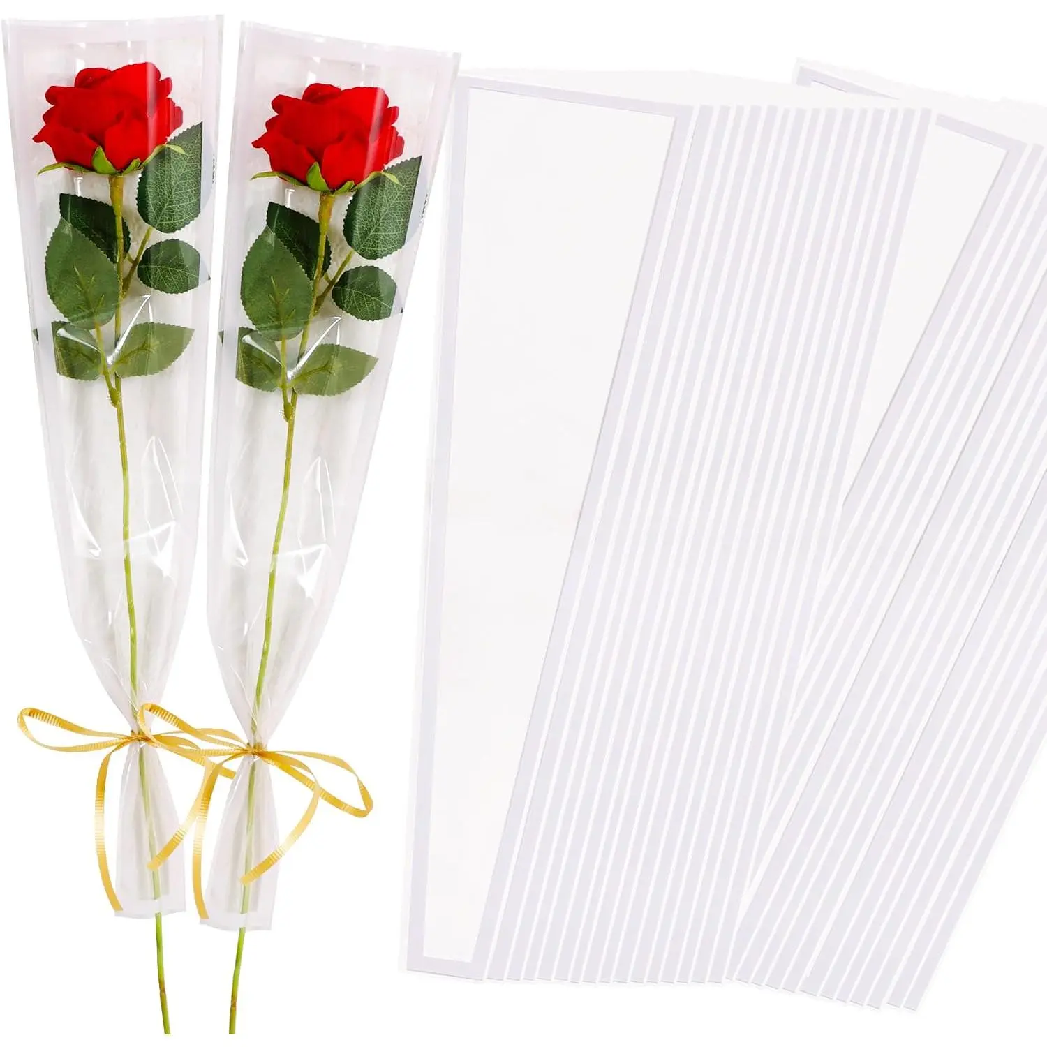 100 count Single Rose Sleeve Bouquet Bags  Paper Flower Bouquet Wrapping Paper Clear Single Flower Sleeve Rose Packaging For Mother's Day,Wedding,Valentine's Day(15.7 X 4.7in-White)