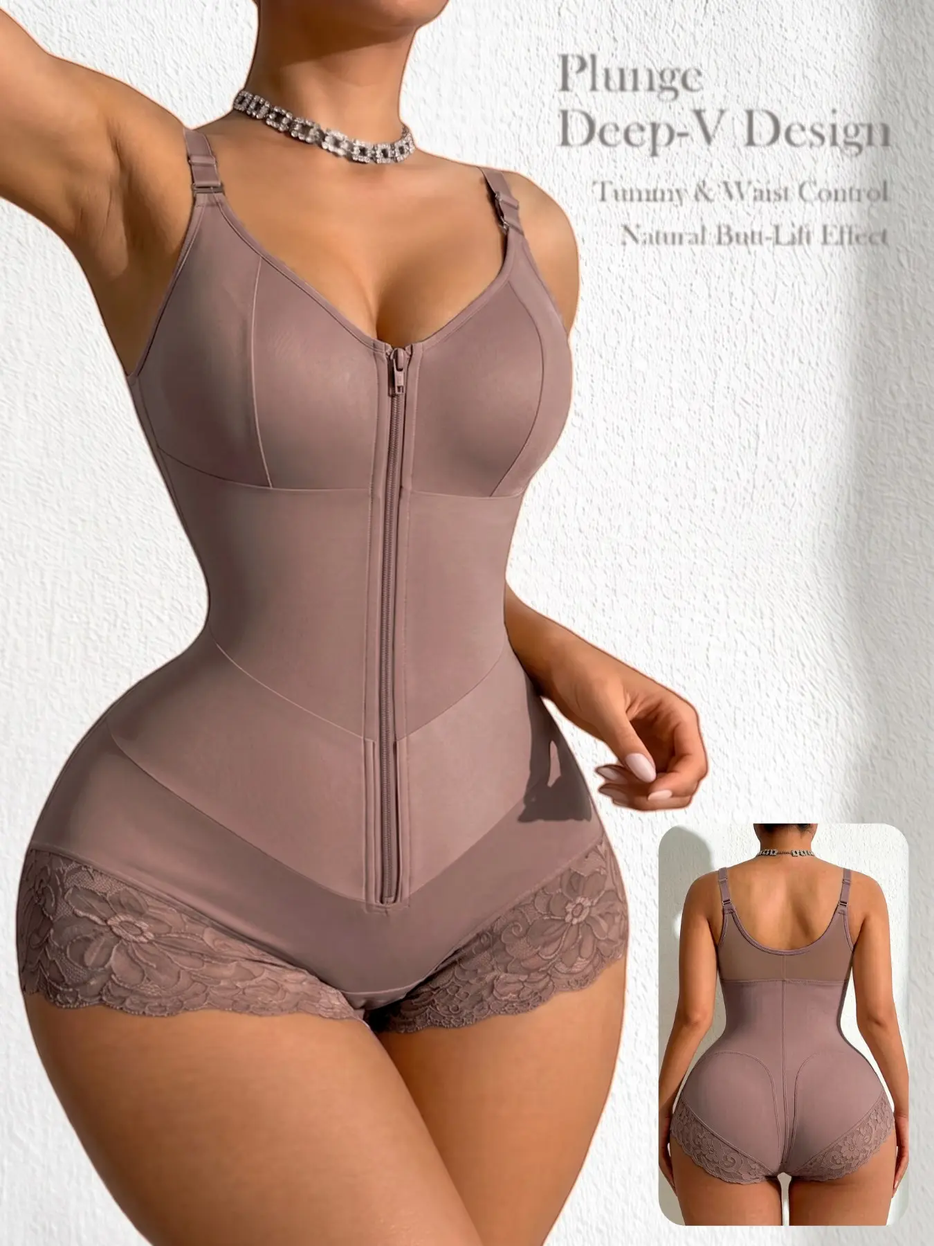 1 Count Women's Lace Trim Hem Body Shaper, Colombian Shapewear, Fajas, V-Panel Abdomen Targeted Compression Body Shaperwear, Front Zipper Closure Curves Butt Lifting & Tummy Control Shapewear Bodysuit, Perfect For At Home Wear & Casual Relaxation