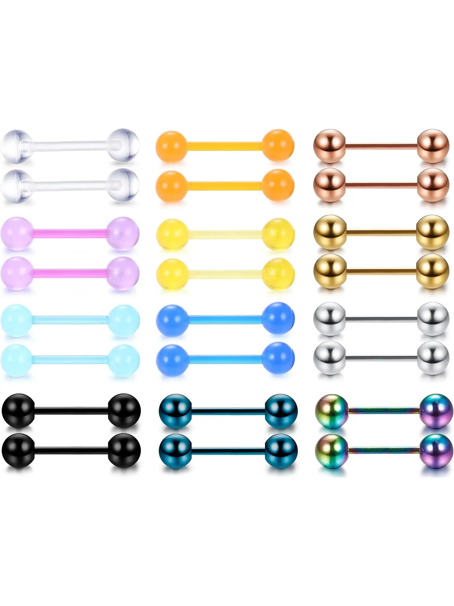 Colorful 12 Pairs Vibrant Simple Tongue Nipple Barbells for Women Men Multiple Colors Surgical Steel Acrylic Nipple Rings Classic Straight Barbell Structure Body Piercing Jewelry Set Ideal Bulk Spare Body Jewelry for Piercing Lovers