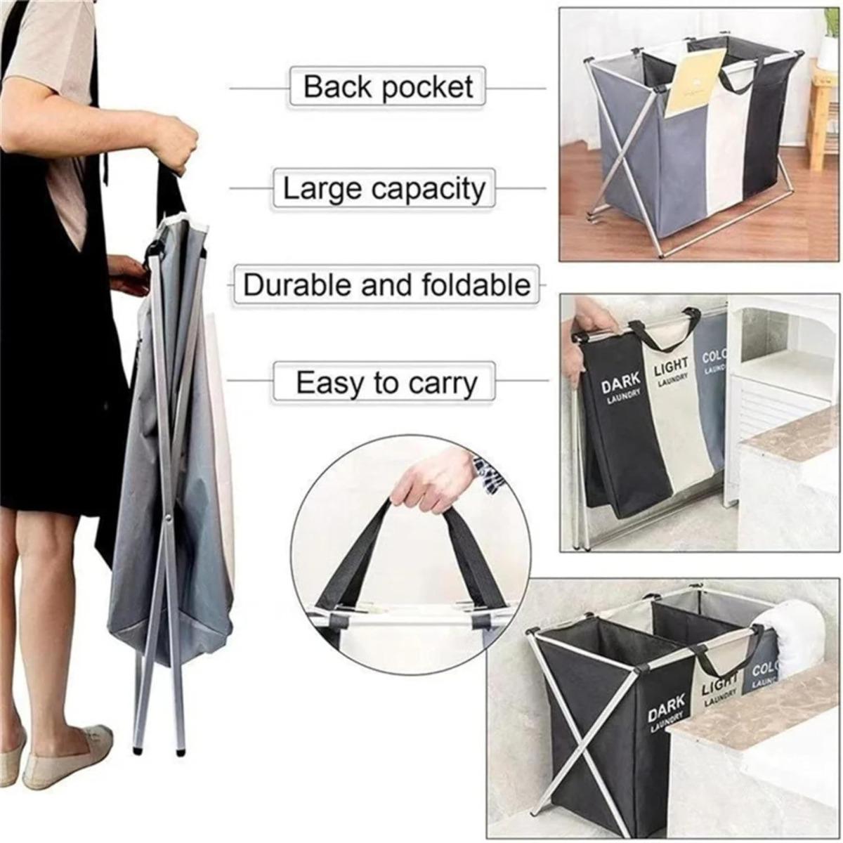 ‌Foldable Triple Compartment Laundry Hamper with Aluminum Frame Space Saving Storage for Closets Utility Rooms Waterproof Oxford Fabric Durable Sorting Basket Sturdy Handle‌ Versatile Portable