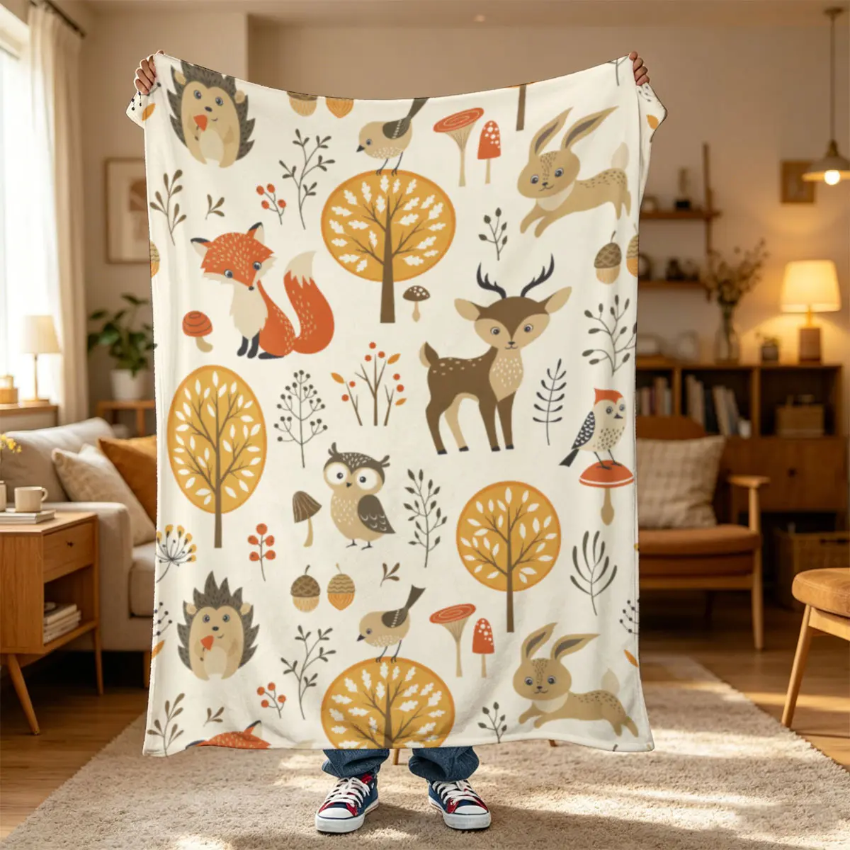 One PC Short Plush Flannel Blanket,Forest and Little Fox Pattern,Cozy flannel blanket, washable durable, keeps shape. Naps at home office dorm, bedroom decor, holiday multi-purpose blanket
