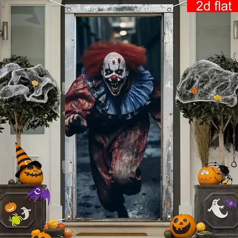 Halloween Creepy Door Curtain, Hair Horror Clown Design, Suspended Background Banner, Indoor Outdoor Halloween Decorations