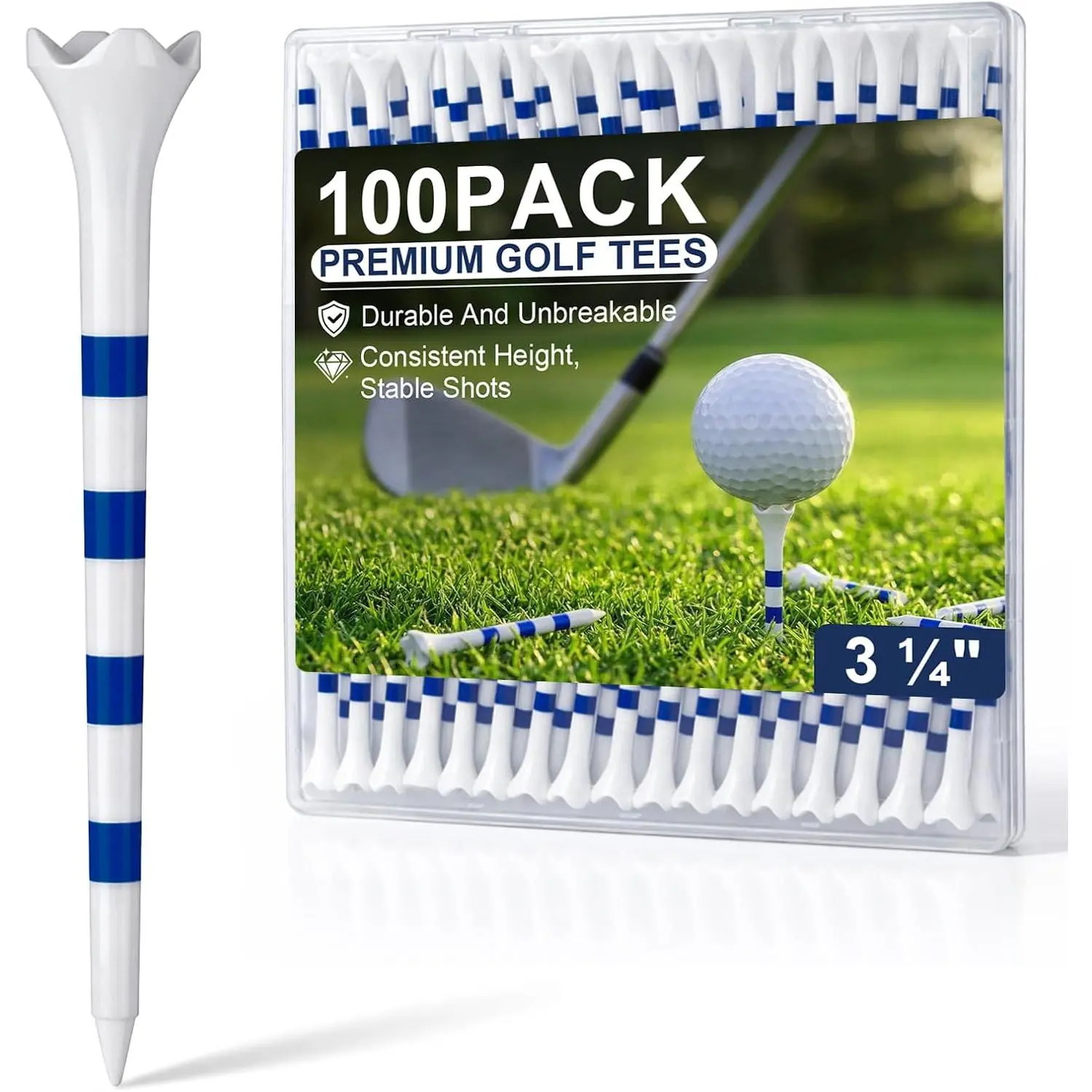Professional Plastic Golf Tees 3-1/4" 30/50/100 Pack - Durable Driver Tees with Low-Friction 4-Prong  for Straighter Shots, Consistent Height for Distance, Driving Range & Course