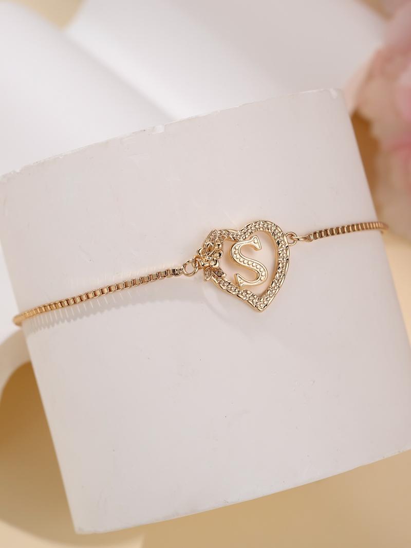 Women's Elegant Heart Design Initial Letter Charm Bracelet, Heart Shaped Bracelet, Exquisite Trendy Bracelet, Letter Link Bracelet for Women & Girls As Gift