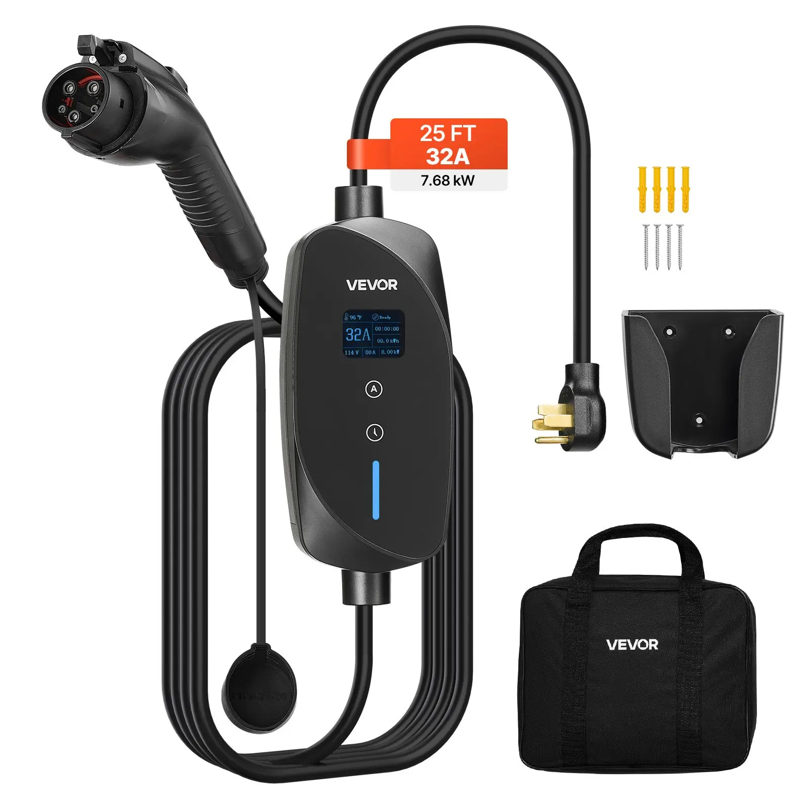 VEVOR Level 2 EV Charger, 32 Amp Adjustable Current, 240V Electric Vehicle Portable Charger with 25 ft Charging Cable, NEMA 14-50P Plug, LCD Display, Plug-in Home Car Charging Station for SAE J1772 E