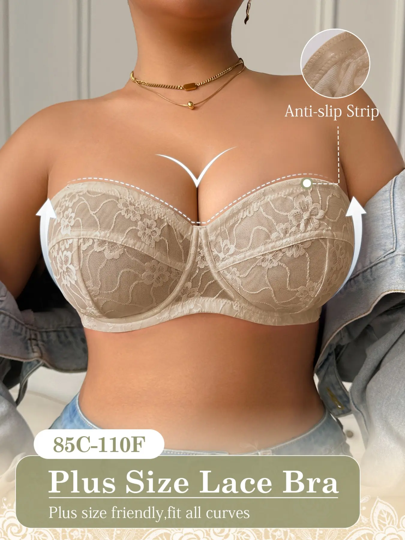 Plus Size Strapless Push-Up Bra, Steel Ring Support, Thin Comfortable Daily Wear, Women's Underwear, Seamless Design