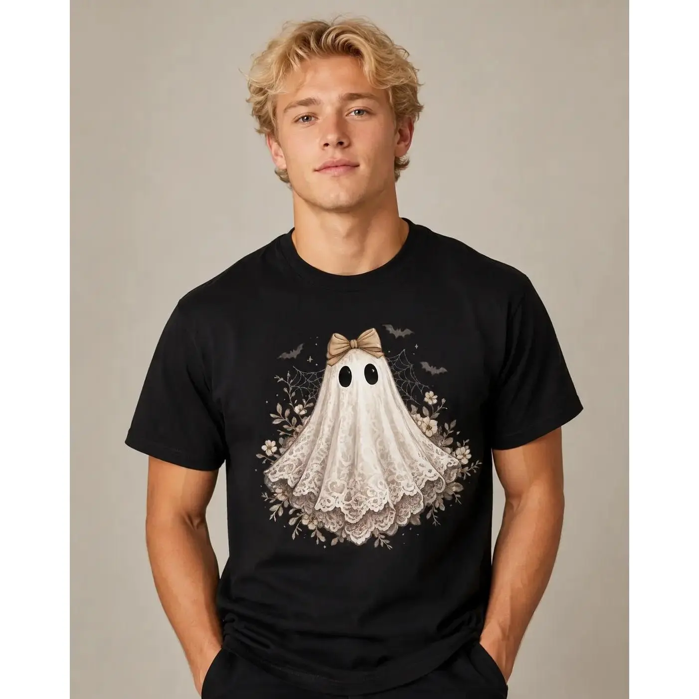 Cute Lace Ghost Pattern T-Shirt – Charming Halloween T-Shirt, Vintage Floral Bowknot Ghost Shirt, Unisex