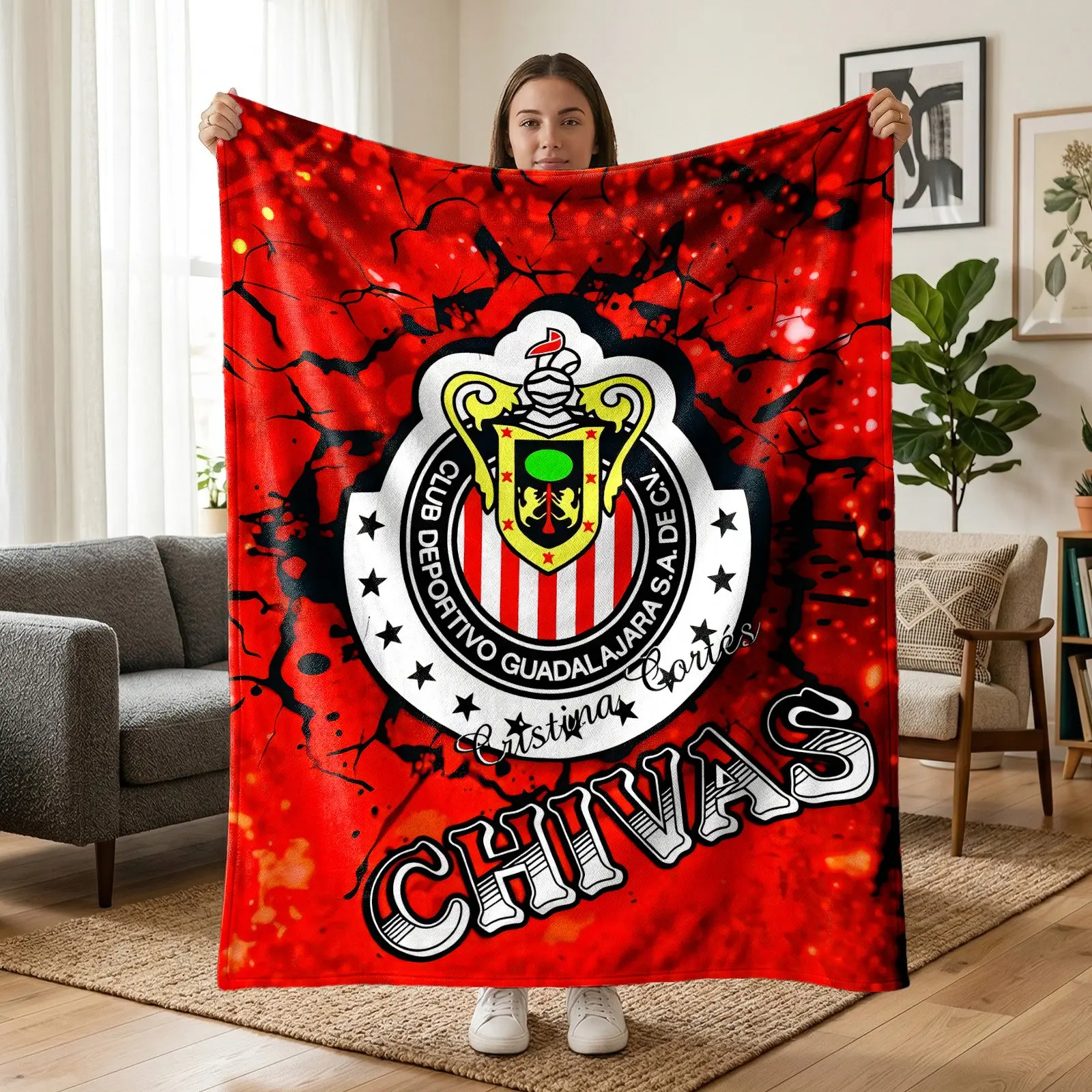 1pc Chivas Football Club Crest Fleece Blanket, Red Black Splatter Background, Vintage Team Badge, CHIVAS Handwritten Text Print. Soft Warm Multi-use Throw for Sofa, Bed, Office, Camping, Ideal Birthday & Christmas Gift.