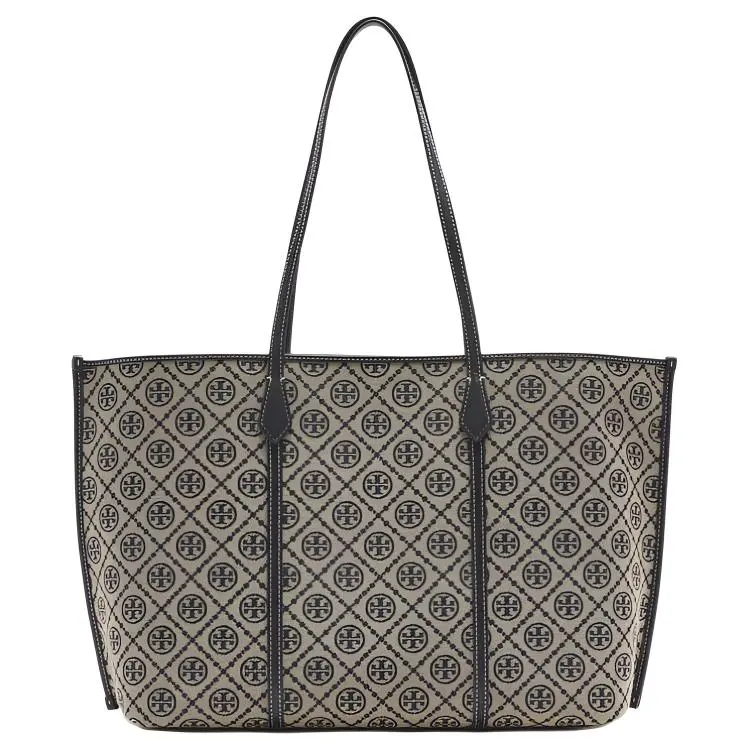 Tory Burch Perry T Monogram Classic Tote Bag for Women – Cotton-Polyester Blend, Structured Handbag in Blue