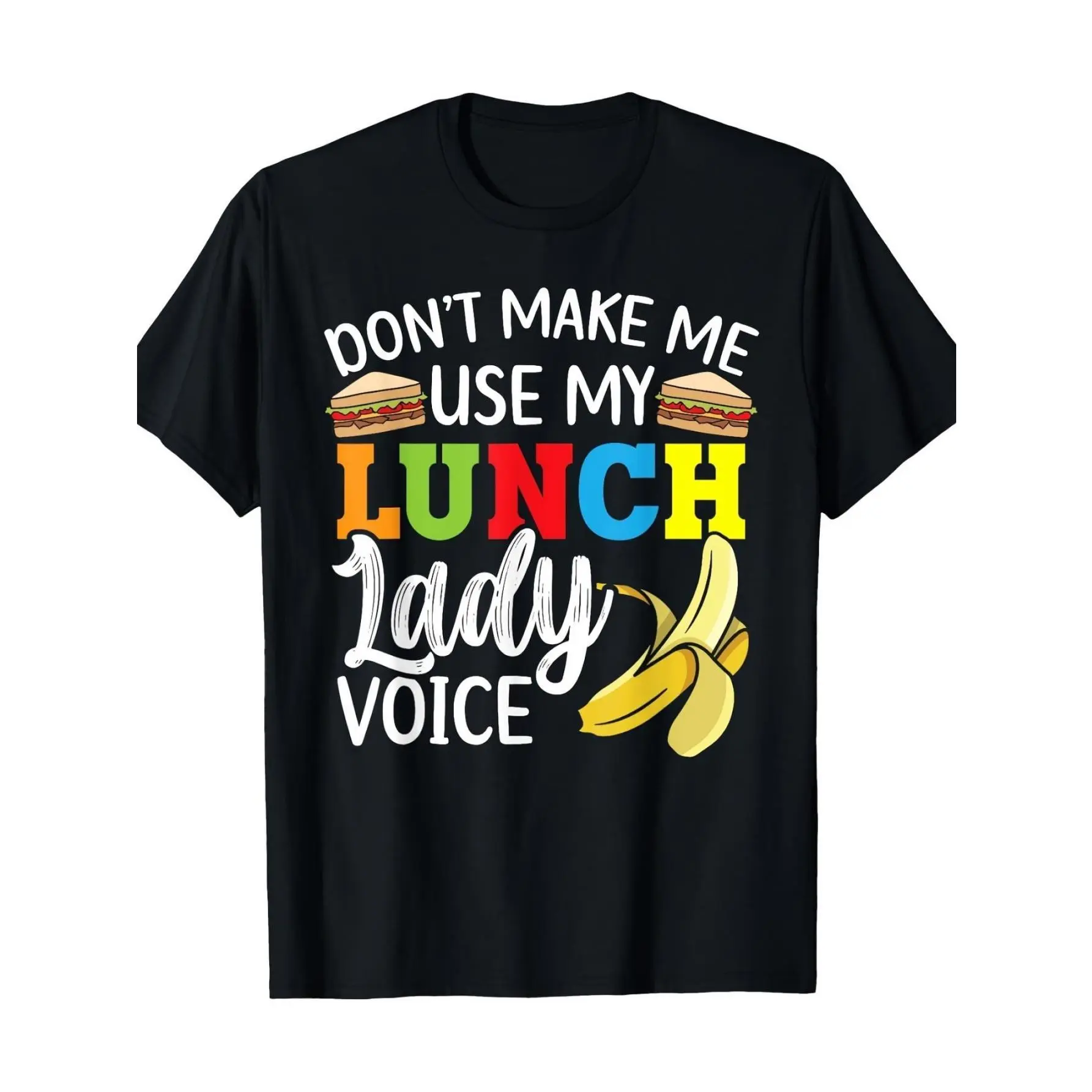 Don't Make Me Use My Lunch Lady Voice Cafeteria Worker Cook T-Shirt - Black Retro Graphic Tee with Cartoon Food Design, High Stretch Crew Neck Short Sleeve, Funny Gift for Dad, Cafeteria Staff, All-Season Casual Wear, School Apparel