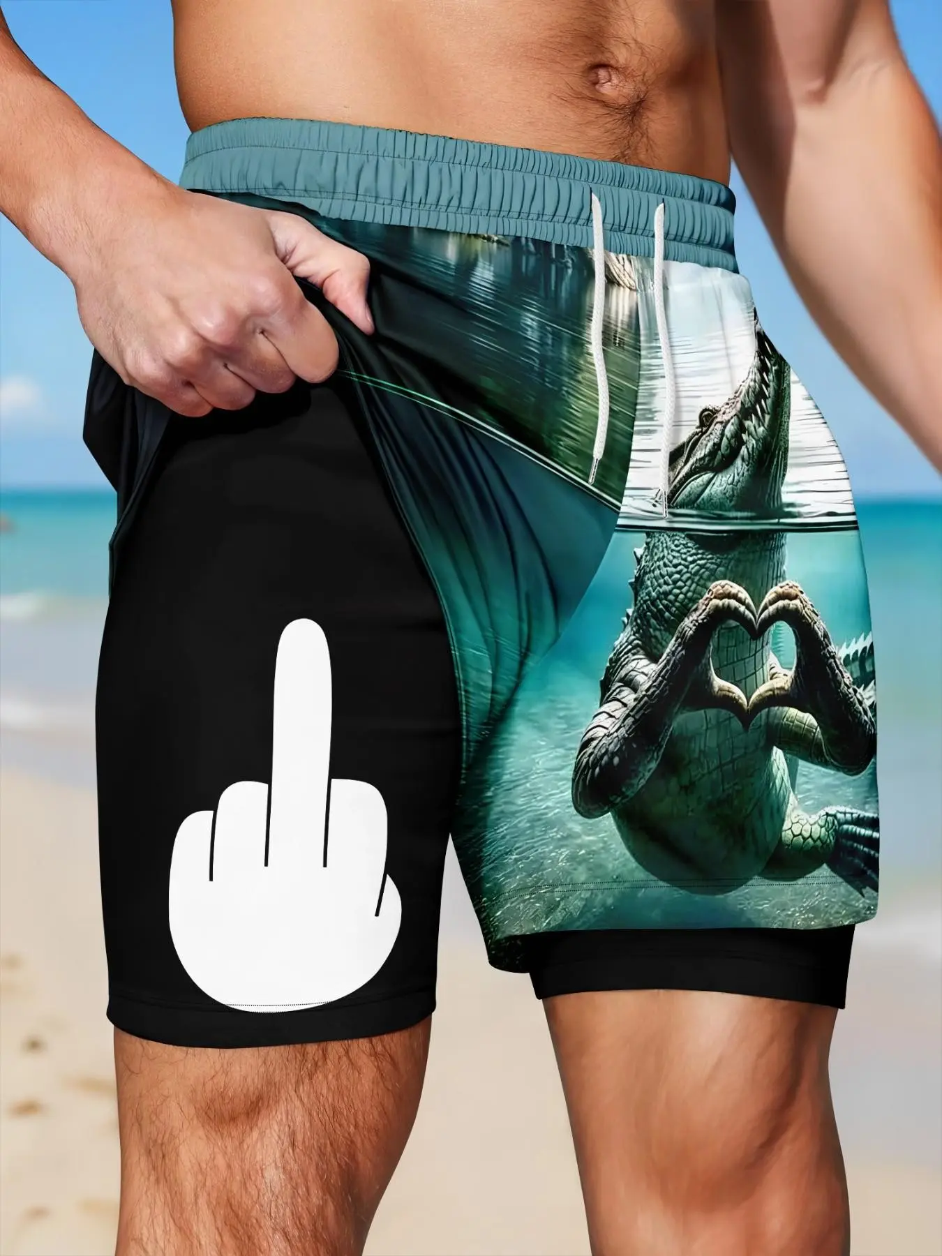 Men Double Layer Drawstring Casual Shorts, Funny Crocodile Heart Hand Graphic Print Quick Dry Stretch Short Pants, Summer Beach Outdoor Vacation Daily Athletic Bottoms.