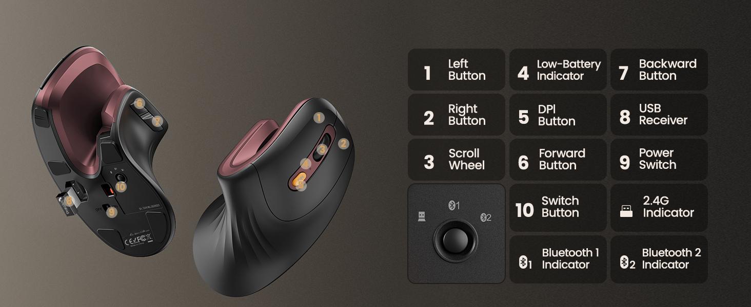 Ergonomic Mouse, EM11 NL Bluetooth Rechargeable Wireless Vertical Mouse, 3 Multi-Device Connectivity for Computer/PC/Laptop, 2.4GHz USB-A Optical Mice for Windows, Mac OS, Wine Red Ergonomic Mouse, EM11 NL Bluetooth Rechargeable Wireless Vertical Mouse, 3 Multi-Device Connectivity for Computer/PC/Laptop, 2.4GHz USB-A Optical Mice for Windows, Mac OS, Wine Red