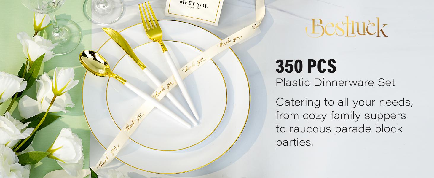 350 Pieces White Gold Plastic Dinnerware Set, Gold Disposable Plates for Party, Graduation, Include 100 White Plates with 150 Plastic Cutlery, 50 Napkins and 50 Cups