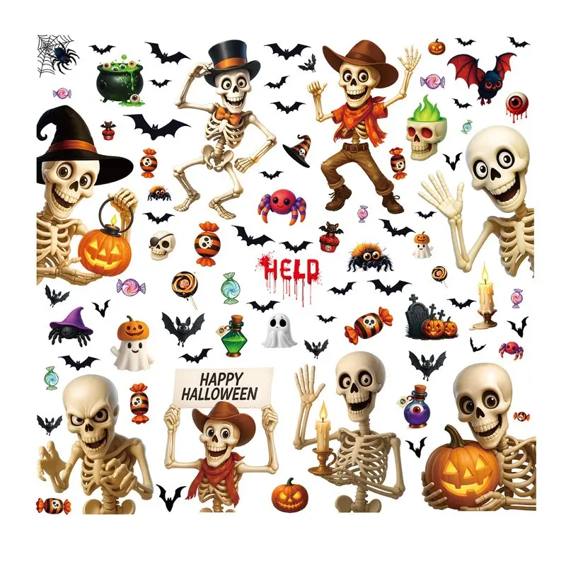 Halloween Stickers Set, Funny Skull Glass Stickers, Creative Pumpkin Bat Static Stickers, 4 Pieces Halloween Decoration