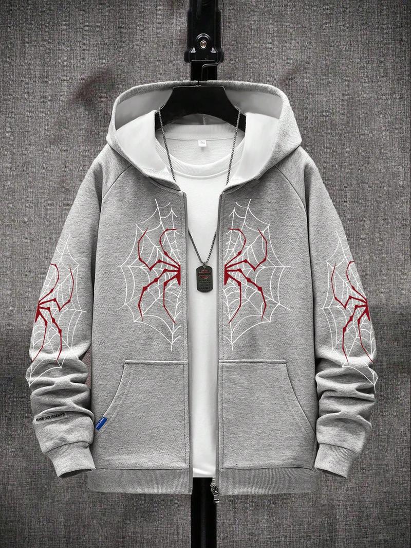 Boys' Spider Web Printed Pattern Hoodie Zipper Cardigan Sweater Hooded Sweatshirt Fleece Printed Casual Outdoor Pocket Sports Pants for Kids Ages 8-16 Years Old B2702