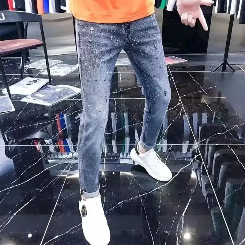 Spring Autumn 2025 High Quality Rhinestone Luxury Clothing Jeans Men's Brand Streetwear Slim Pants Youth Fashion Cowboy Trousers