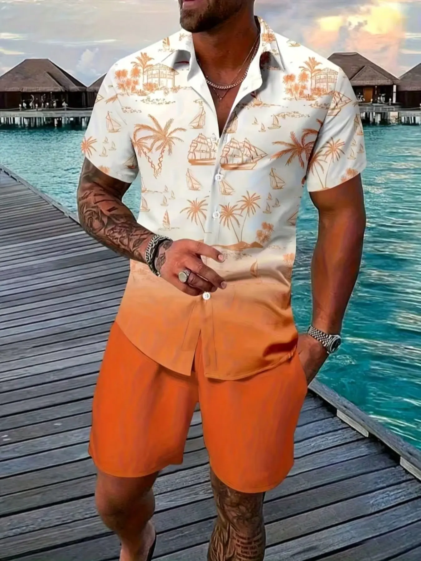 Men's Summer Vacation Two-Piece Set, Gradient Coconut Tree Sailboat Print Shirt and Shorts, Beach Travel, Casual Male Clothing