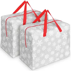 2 Pcs Christmas Ornament Storage 18 x 15 x 10 Inch Snowflake Holiday Accessories Bag Christmas Storage Containers Tear Proof Xmas Ornament Organizer with Handles Full Length Zipper (Gray)
