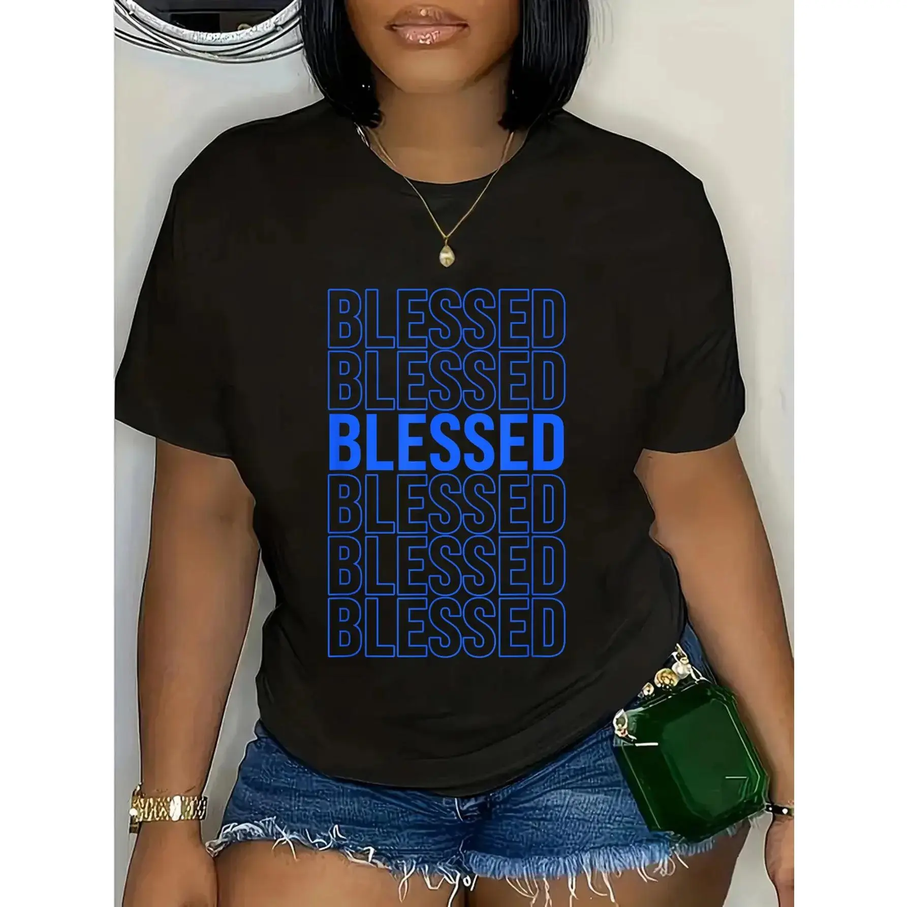 Match Blue Color Graphic Tee Blue Blessed Royal Blue Graphic T-Shirt Christ Christian Tops