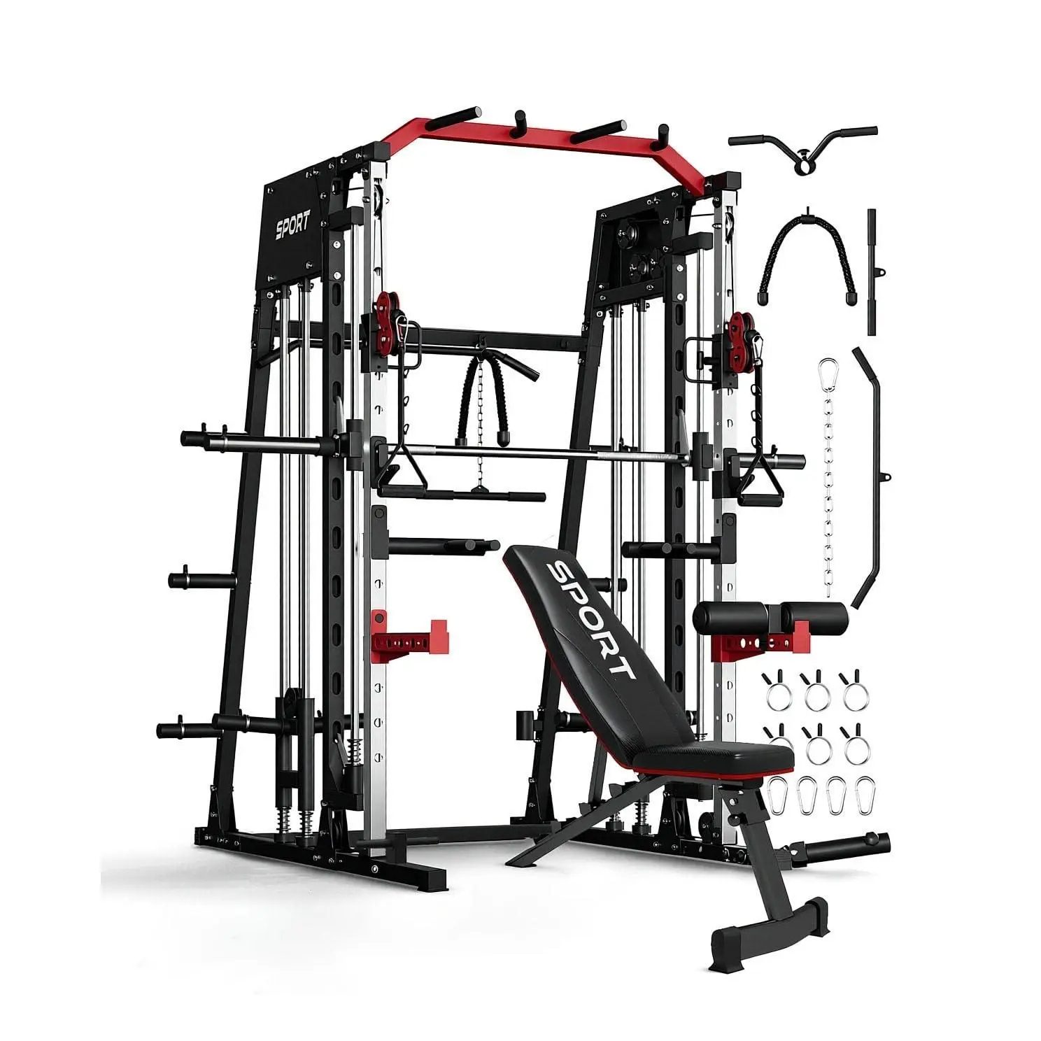 GAOMON Metal Frame Smith Machine Home Gym - Unisex Full-Body Gym with Bench, Squat Rack, Weight Bar, Dual LAT Pull-Down Systems, Cable Crossover Machine for Strength Training, Red & Black