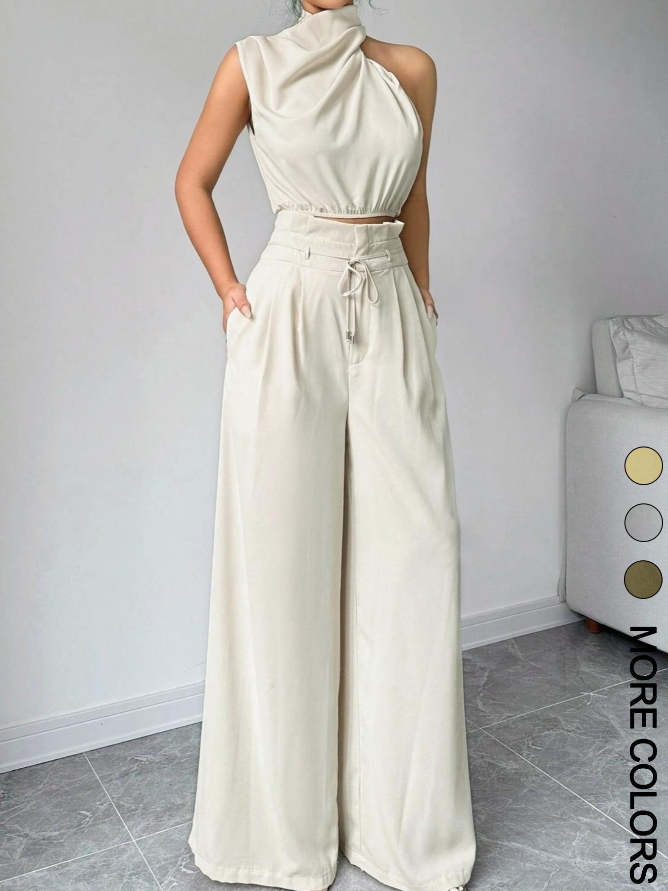 Women's Solid Color Sleeveless Crop Tank Top & Wide Leg Pants Two-piece Set Outfit, Elegant Fashion Casual Top & Trousers for Daily Outdoor Wear, Women's Clothing for Summer, Womenswear