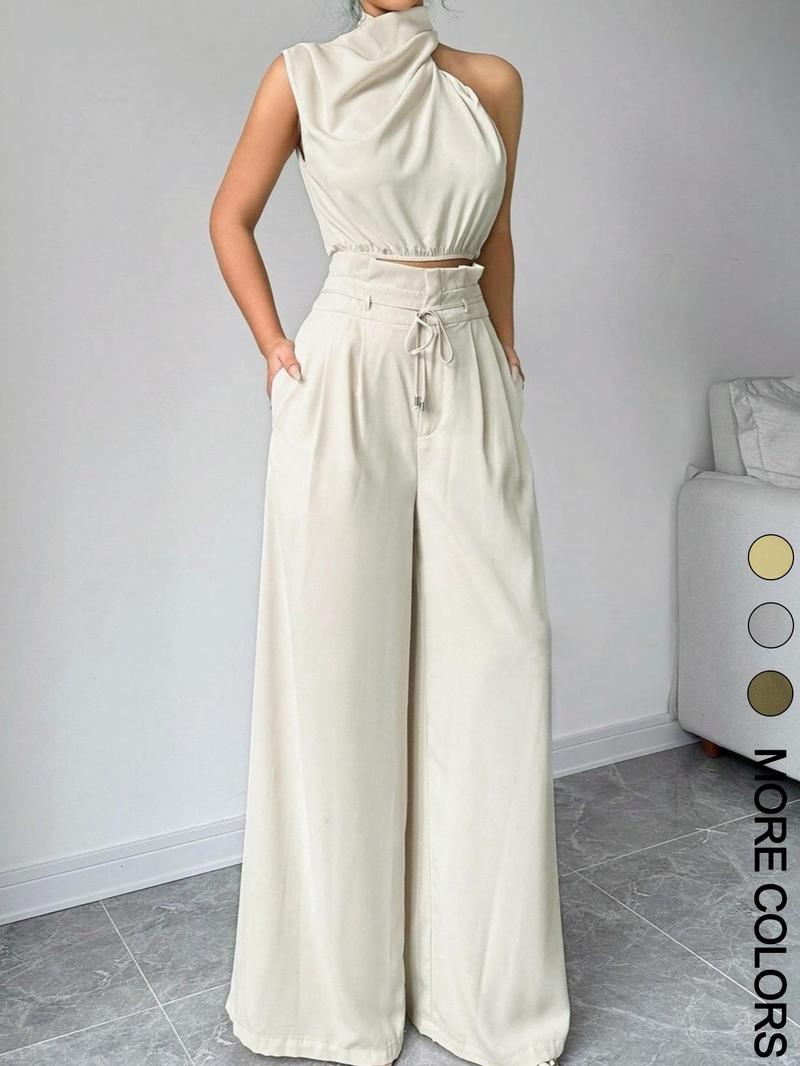 Valentine's Day Women's Solid Color Crop Tank Top & Wide Leg Pants Two-piece Set, Elegant Fashion Casual Top & Trousers for Daily Outdoor Wear, Women's Clothing for Summer