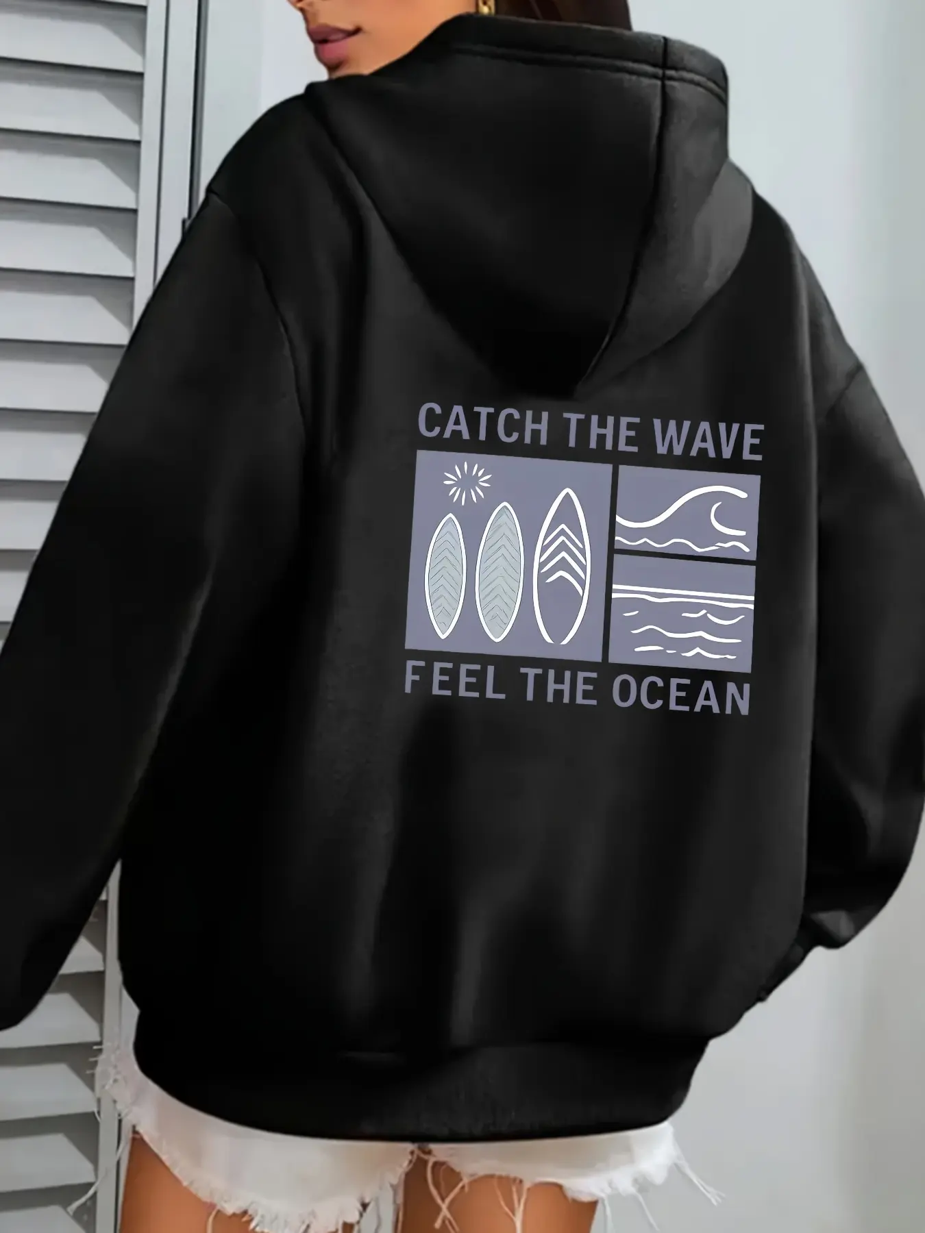 Women's casual sports hoodie with back print of surfboards and waves, full ocean vibe, soft fabric and relaxed fit for daily wear.