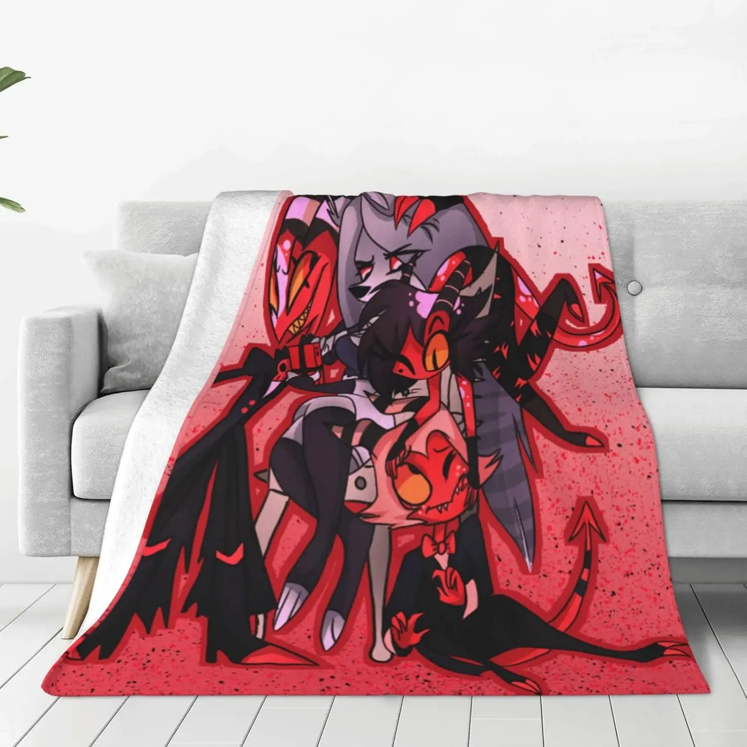 Helluva Boss Central Stacked Three Core Female Loona Millie Octavia Pink Speckle Gradient Background Flannel Throw Blanket Gothic Furry Anime Girl Group Fan Soft Warm Blanket Gift for Teen Girls All Ages
