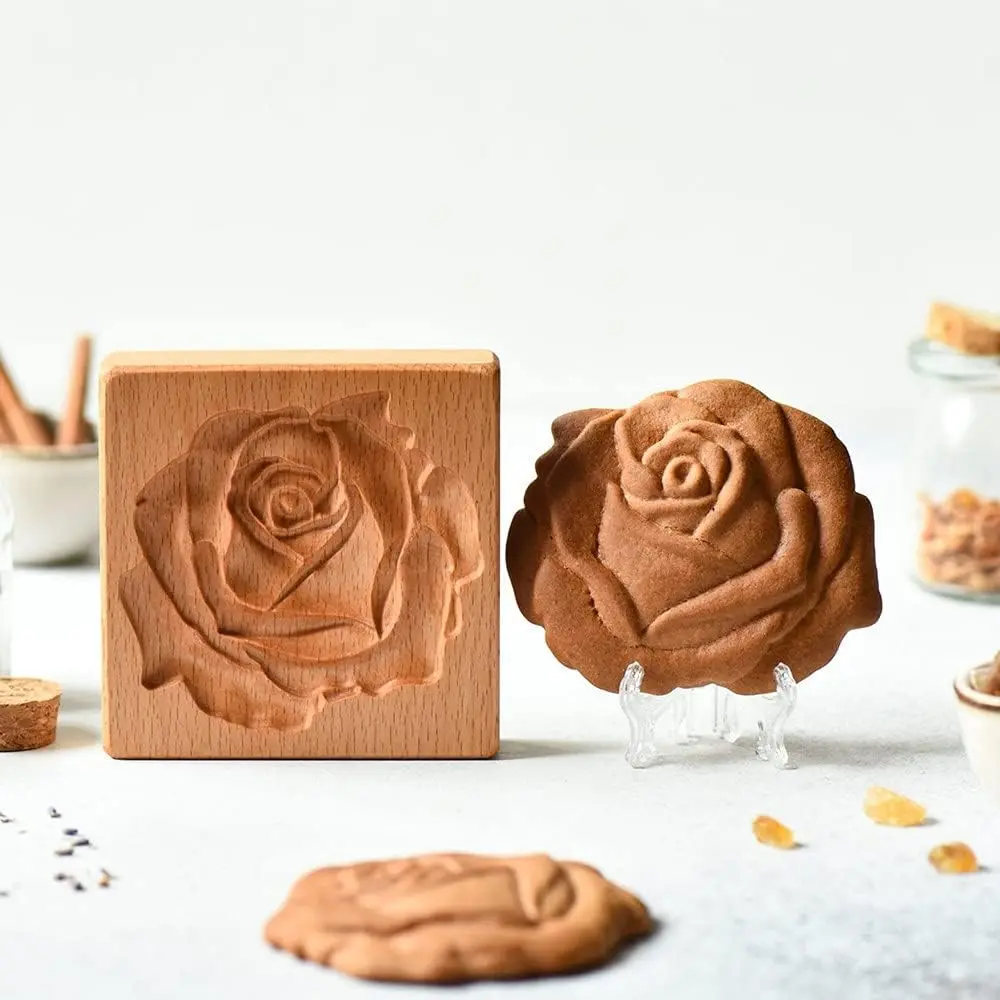 Carved Wooden Gingerbread Cookie Mold, Wooden Baking Mold Cookie Biscuit Press  Molds,Cookie ,Cookie ,DIY Biscuit  Mould for Halloween Thanksgiving Christmas(Red Rose)