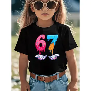 Girls Fun Six Seven Ice Cream Didi Didi 67 Meme Pattern T-Shirt - Genalpha Slang Street Style with 67 Didi Didi Ice Cream Design, Crew Neck Casual Summer Top for Trendy Dresses, Birthday Parties and Casual Outfits - Comfortably Knitted