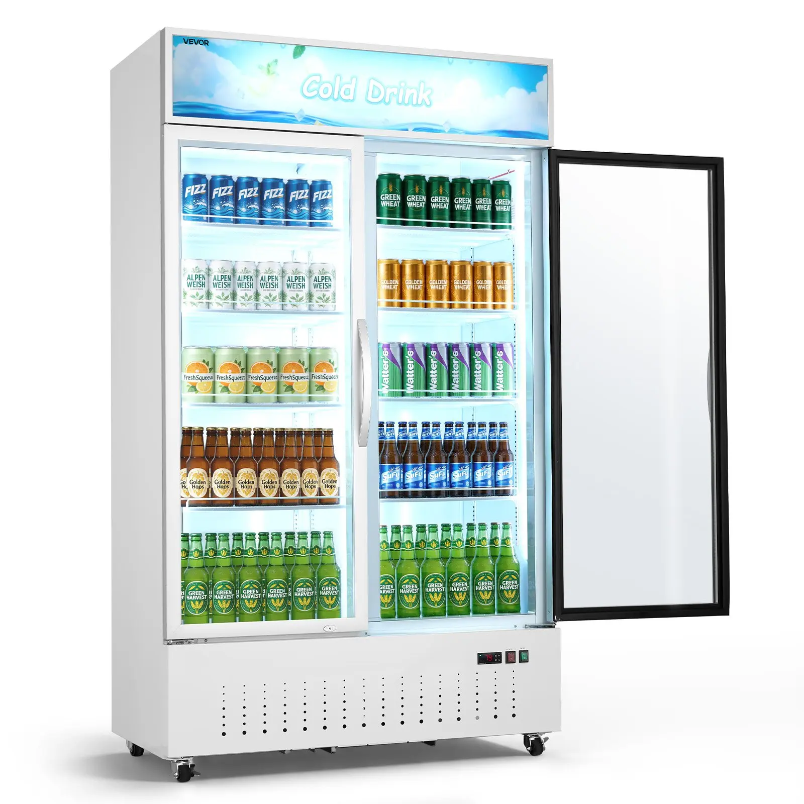 VEVOR Commercial Merchandiser Refrigerator, 35.3 Cu. Ft/ 1000L Upright Beverage Cooler, 2 Glass Door Display Refrigerator with Customizable Lightbox, 8 Adjustable Shelves, Soft LED Lighting Casters