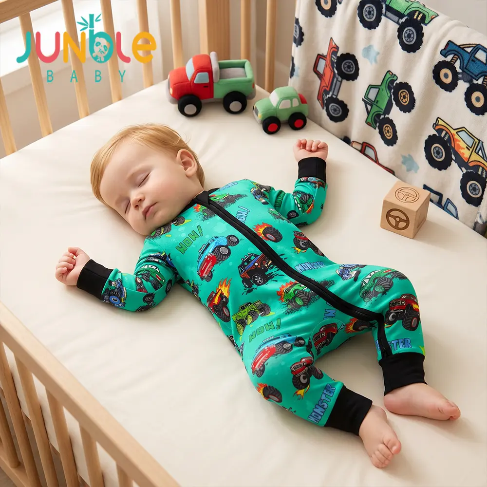 JUNBLEBABY, Bamboo fiber Baby Jumpsuit  with Foldover Feet and Two Way Zipper, Stretchy Off Road Trucks and Flaming Wheels Print, Vibrant Green Adventure Outfit,baby boy bamboo romper,baby onesie,baby jumpsuit,cute baby clothes,0-24months baby wear