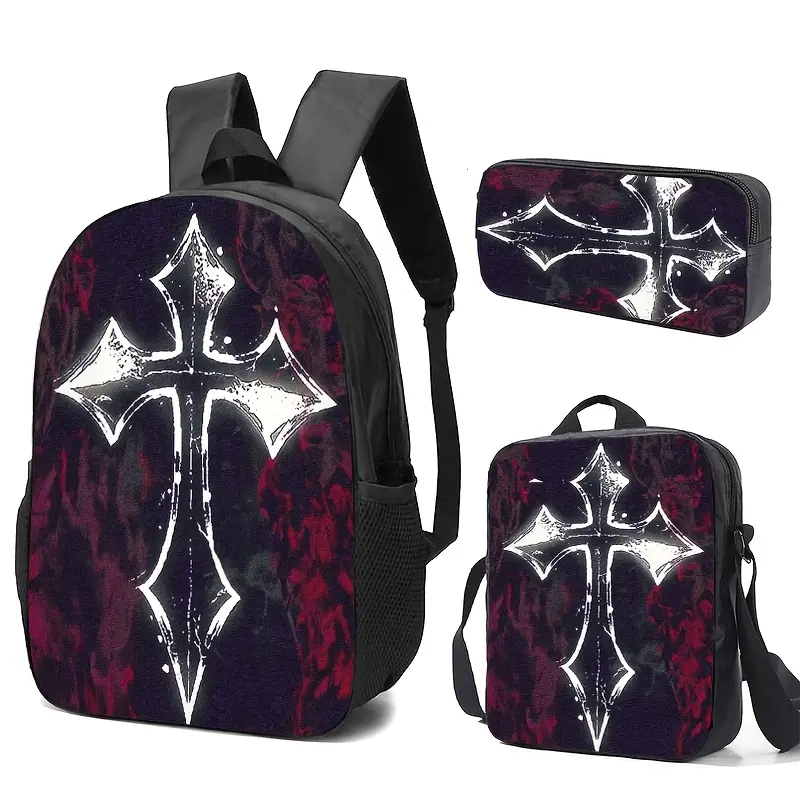 Black Backpack and Accessories with Gothic Cross Print, Durable High-res Design, Adjustable Straps, Large Capacity for Daily Use.