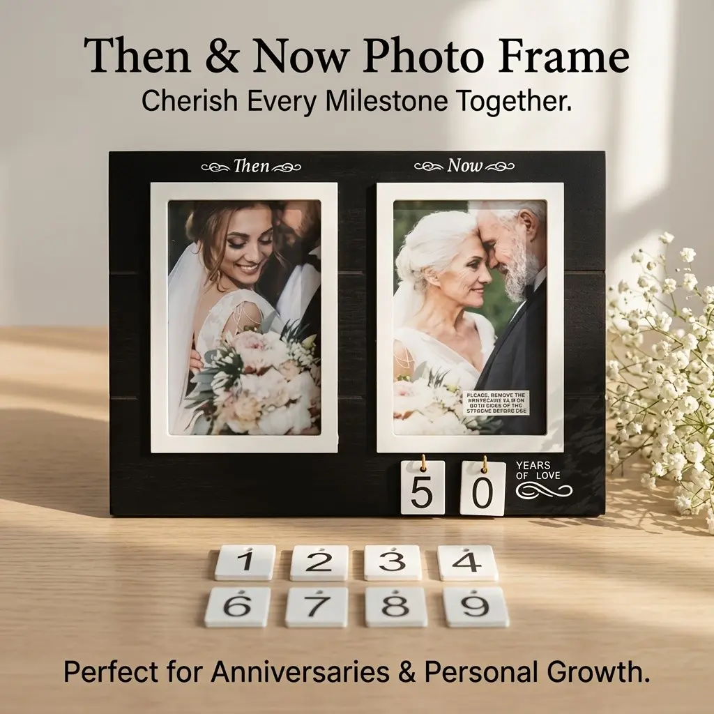 Then And Now 4X6 Inch Double Photo Frame, Anniversary Picture Frame with Number Tiles, Wedding Years of Love Memory Keepsake Gift