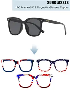 Fiylrog sunglasses and Magnetic Glasses Toppers, Unisex Square Full-Rim Lightweight Women Sunglasses, UV400 Protection, American Flag Pattern Print ,Sports, Cycling, Vacation, Party and Festival Glasses