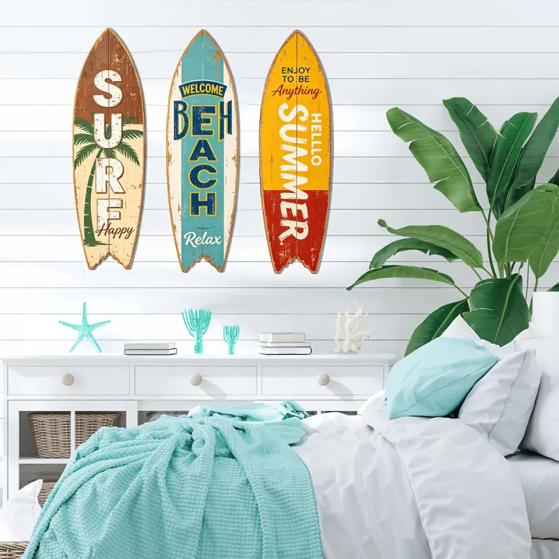 3-piece wooden surfboard hanging ornaments, "Hello Summer" beach signs, summer surfboard decorations for enjoying the season, suitable for home, bedroom, living room, bathroom, garden and pool decor.