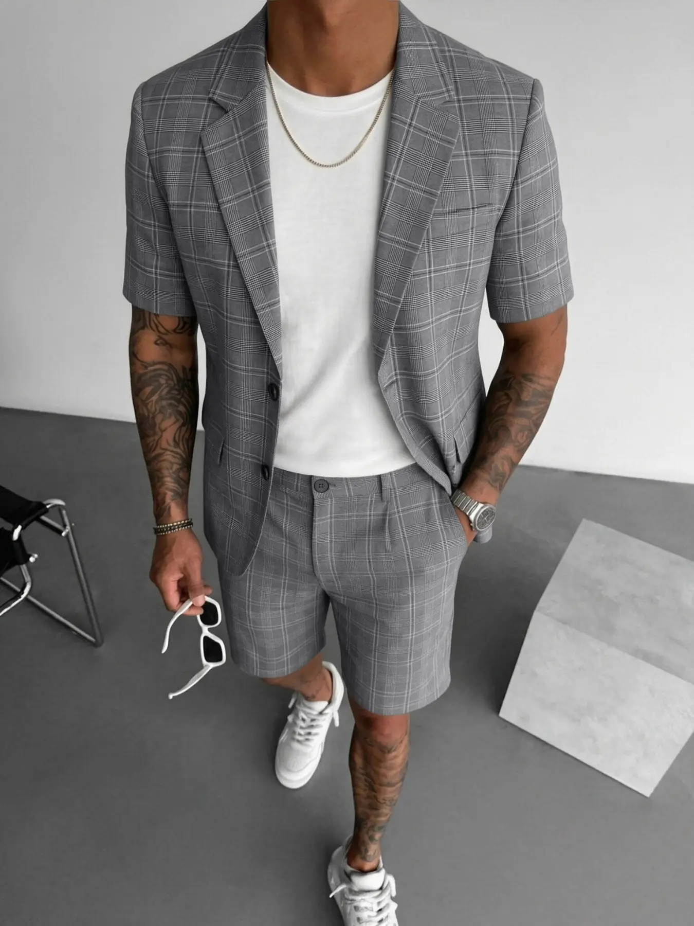 Men's Plaid Short Sleeve Suit Two-Piece Set, Vintage Casual Notch Lapel Jacket, Anti-Wrinkle Fabric, Summer for Work, Vacation, Date