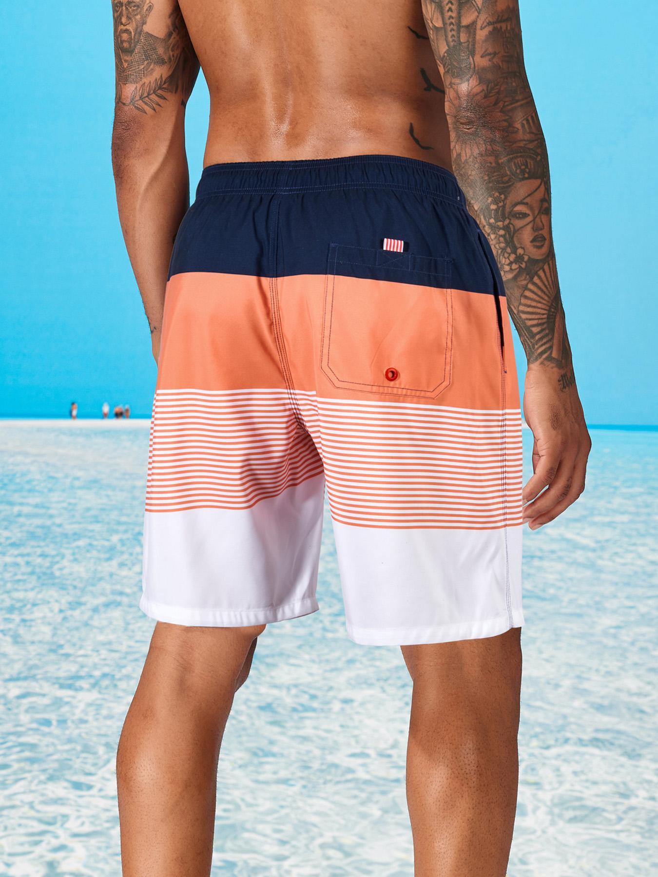 Men's Striped Print Boxer Brief Swim Trunks, Casual Comfy Breathable Swim Shorts for Summer Outdoor, Activewear, Men's Swimwear for Beach Vacation, Clothing, Summer Swim Bottoms, Drawstring Swim Bottom, Swimming Trunks, Swimtrunks