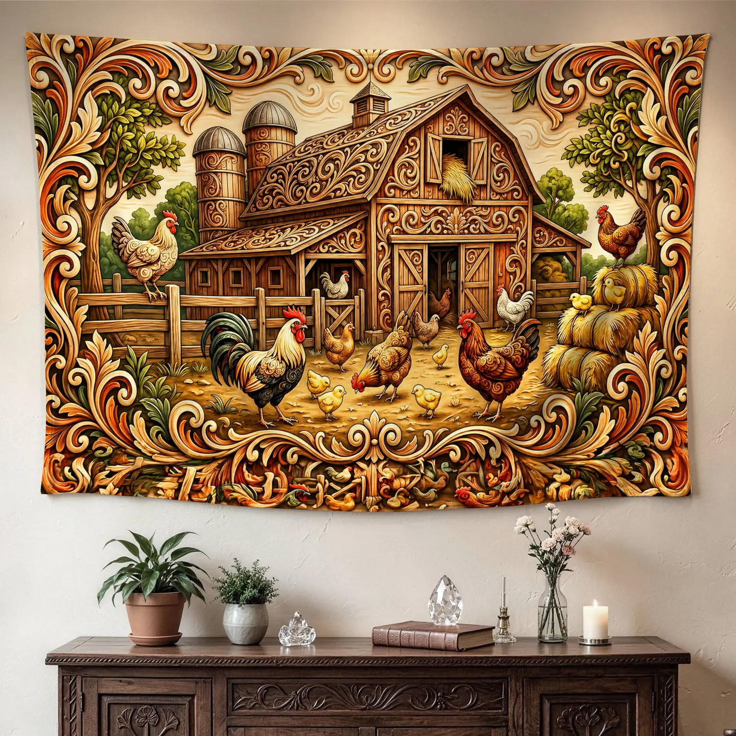 Rustic Farmhouse Rooster Animal Print Barnyard Scene Tapestry - Large Horizontal Synthetic Polyester Wall Art, Comfortable Durable No-Installation Home Decor for Living Room, Indoor-Outdoor Holiday Gift Accessory, With Pegs, 30 X 40 Inch, Decor Accessorie